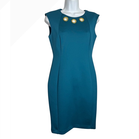Calvin Klein Dress Size 6 Teal Blue Green Sheath Dress Gold Grommet Detail 🩵🩵 - Picture 1 of 7